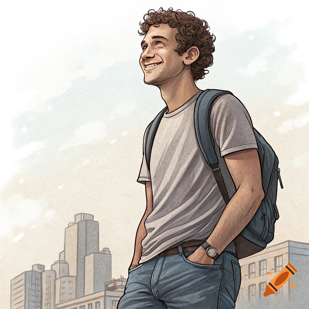 Stylized illustration of a smiling young man with curly hair and a backpack, looking up, with a city skyline in the background.