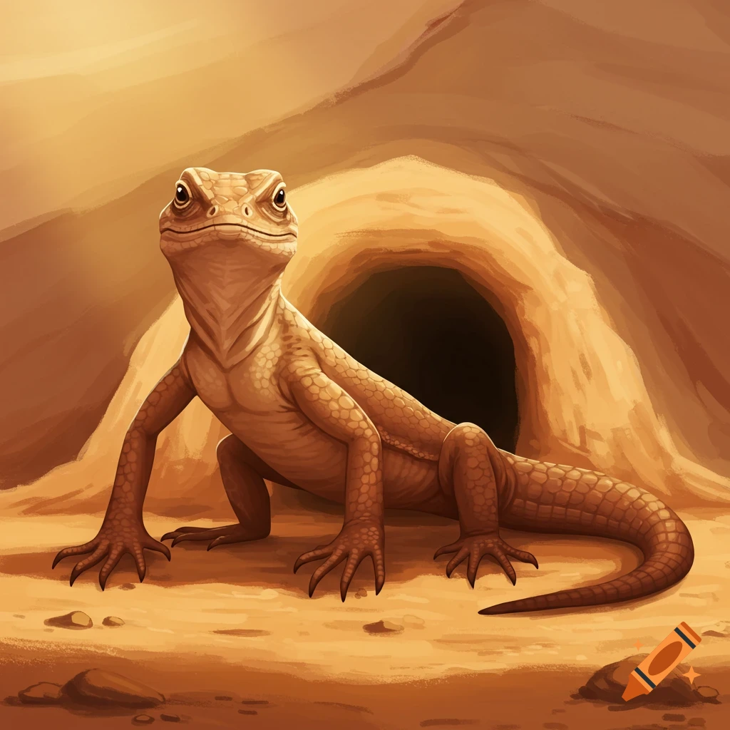 An illustration of a brown lizard with large claws and a thick tail standing in front of a dark burrow in a sandy desert.