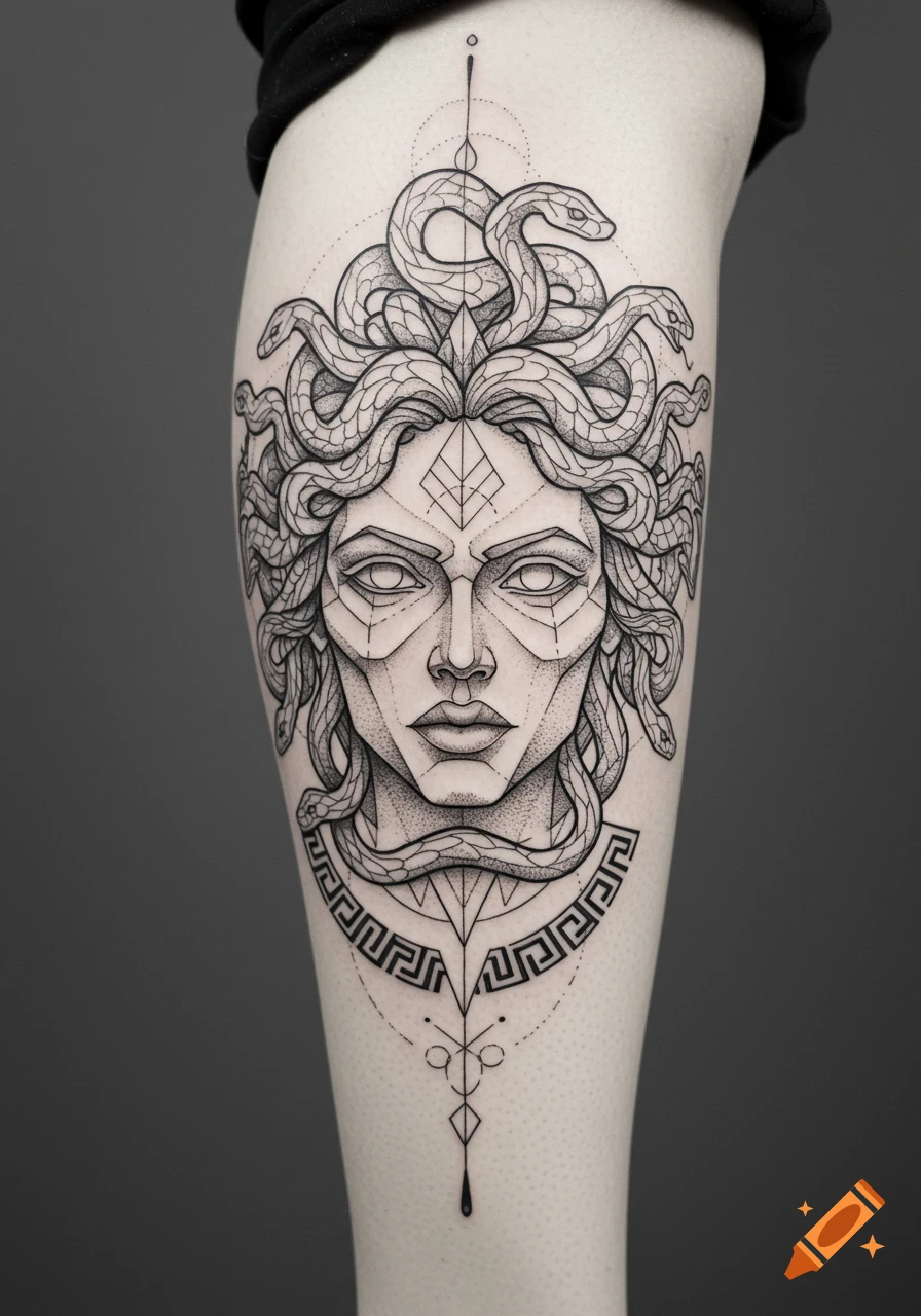 A fine line geometric black and white tattoo of Medusa's head with snakes for hair, on a leg.