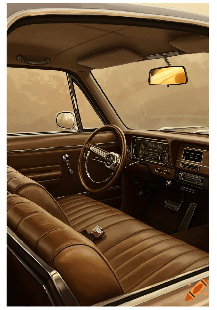 The interior of a vintage car with brown leather seats and dashboard, seen from the passenger side, with a rearview mirror reflecting a blurry landscape.