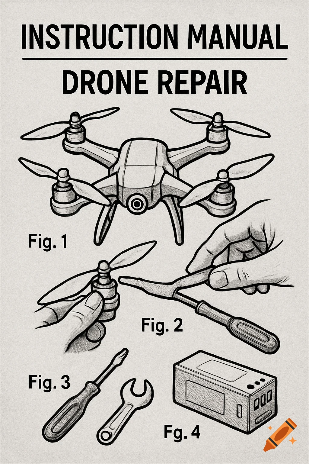 Sketch illustration of a drone repair manual with drone, hands, tools, and battery.