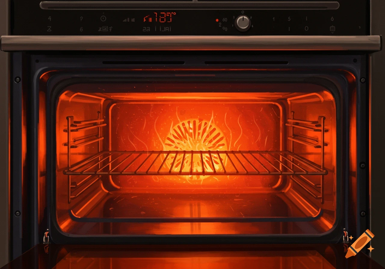 An open oven with a glowing red-orange interior, featuring metal racks and a digital display above.