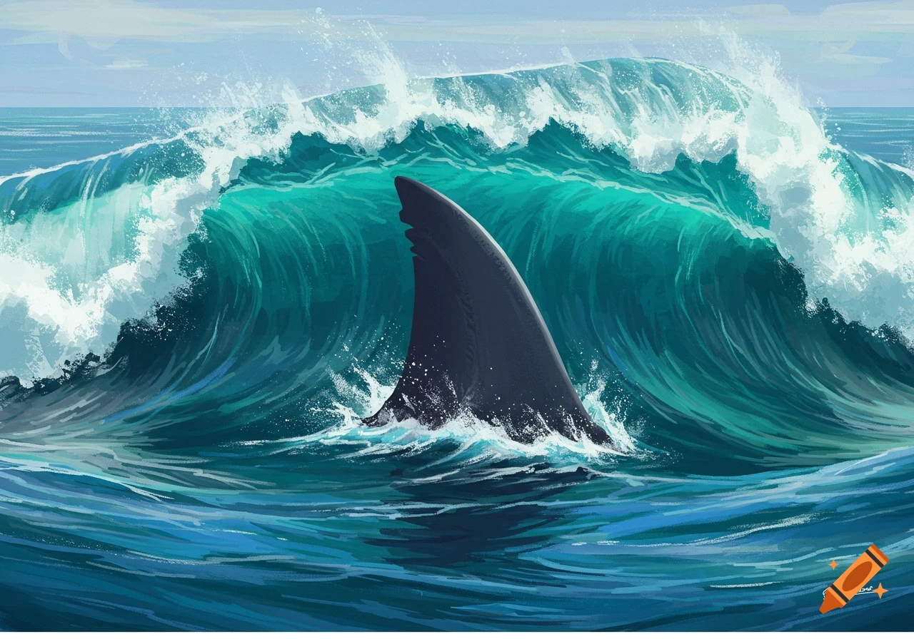 A large dark shark fin emerges from a massive, turbulent teal ocean wave, with white foam crashing around it under a light blue sky.