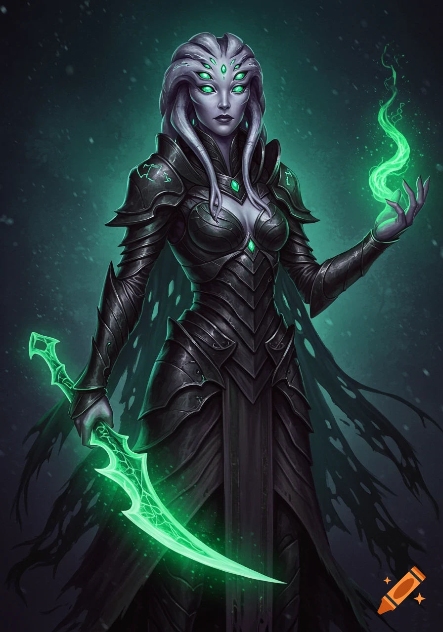 A female alien warrior in dark armor with glowing green eyes and a tendril head-crown holds a glowing green psi-blade and casts a spell.