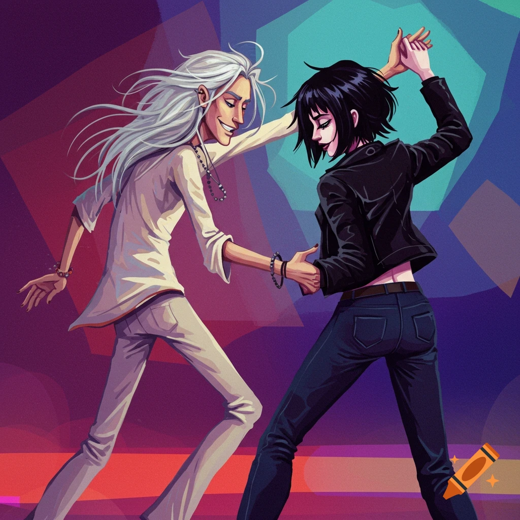 A stylized illustration of a thin man with long white hair dancing with a woman with short black hair against a colorful, abstract background.