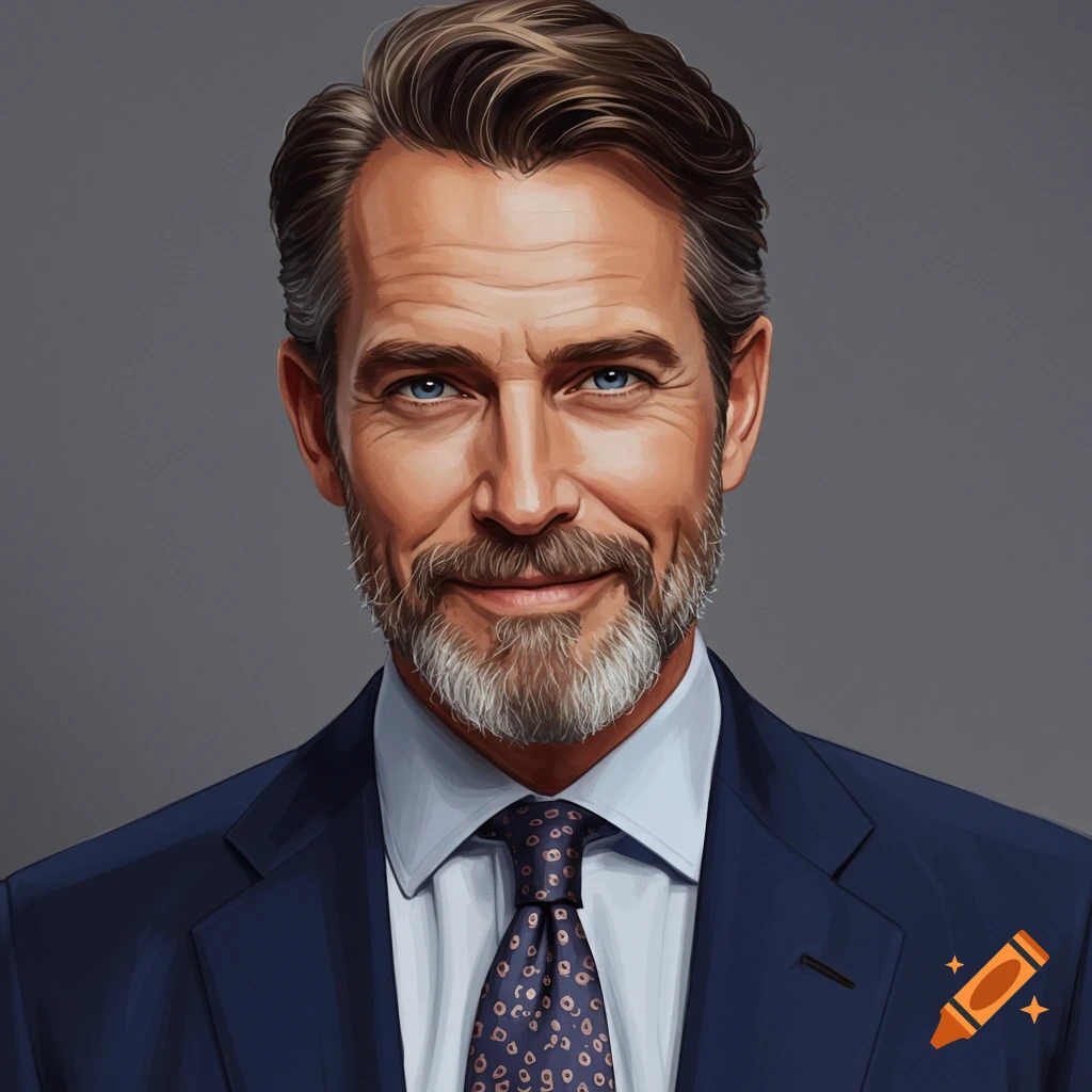 A handsome man with a graying beard and blue eyes, wearing a suit and patterned tie, depicted in a realistic digital painting style.