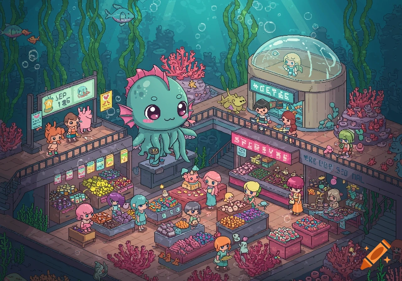 A whimsical pixel art depiction of a kawaii sea monster overlooking a bustling underwater market filled with chibi characters.