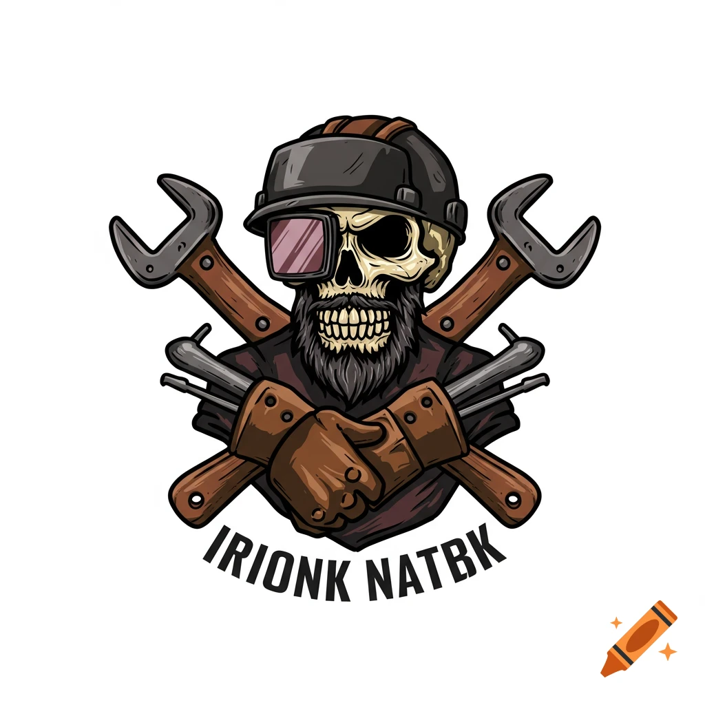A stylized cartoon skull wearing a hard hat and welding goggles, with a beard, holding crossed wrenches and welding tools, against a white background.