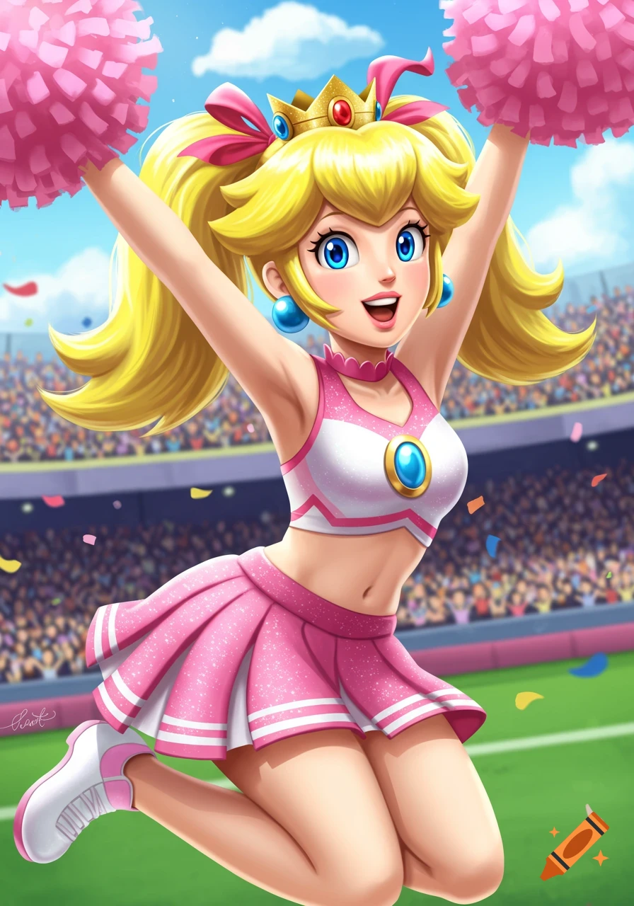 Princess Peach in a pink and white cheerleader outfit, jumping in a stadium, holding pink pom-poms, in a vibrant anime style.