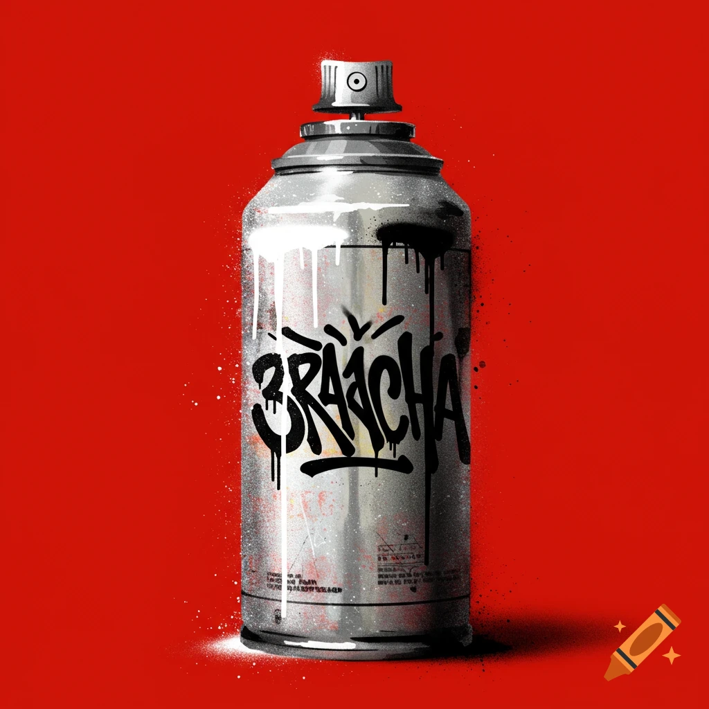 A silver spray paint can with black graffiti text '3RACHA' on a bold red background, stylized like Banksy.