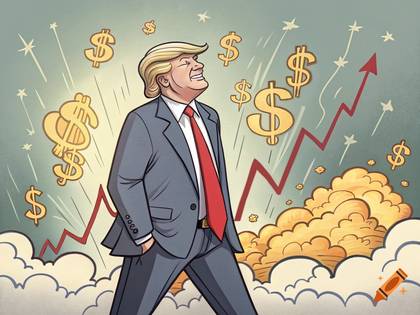 A cartoon caricature of Donald Trump smiling, surrounded by dollar signs and an upward-trending red arrow, representing financial growth.