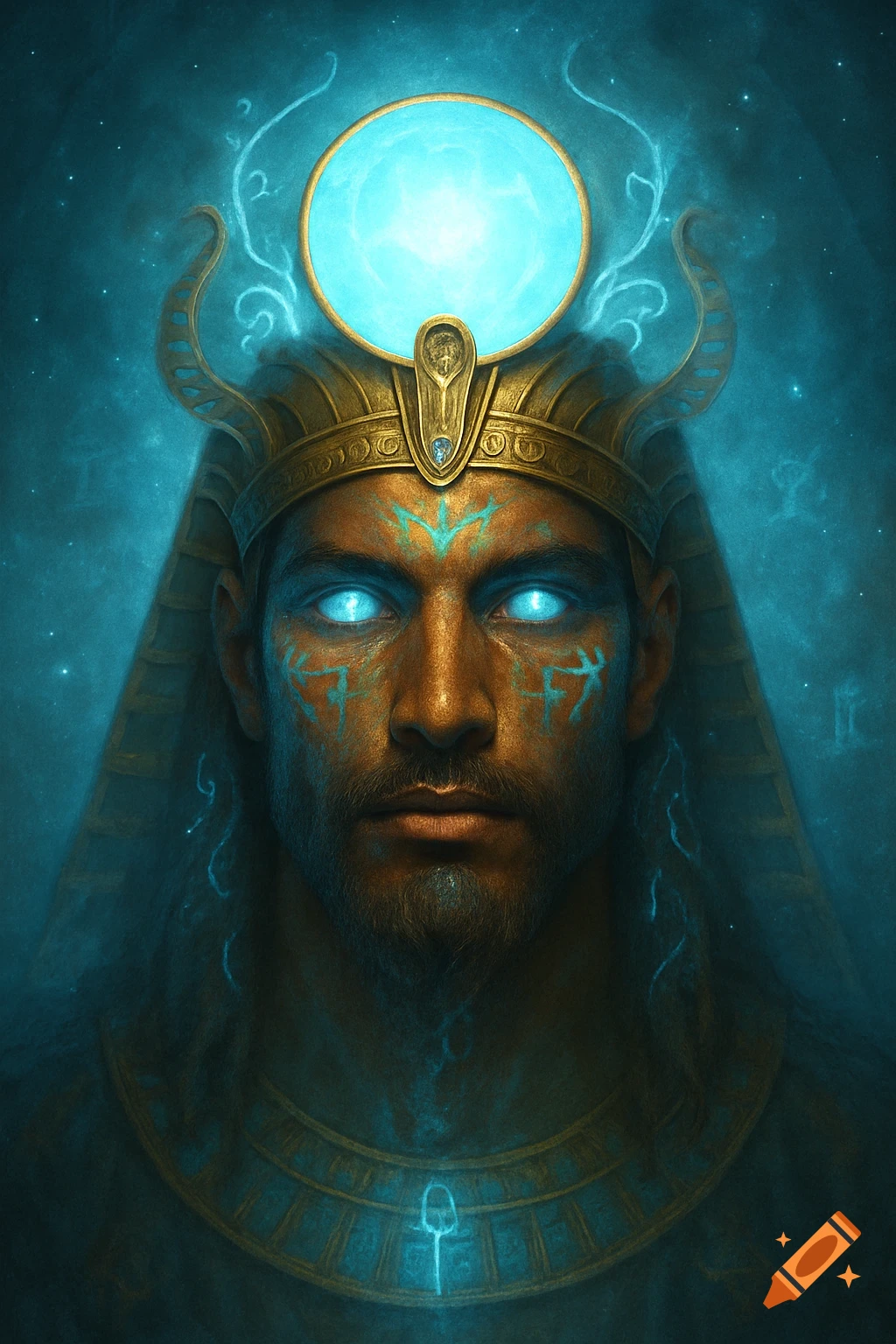 Close-up portrait of a powerful male mythological figure with glowing blue eyes, gold headdress, and celestial blue markings, set against a cosmic blue background in a detailed, surreal style.
