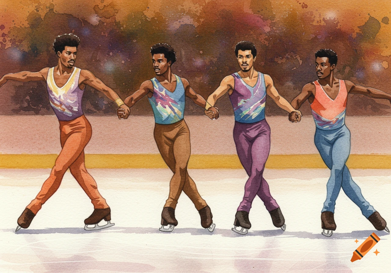 Four Black men in colorful tank tops and pants skate on ice, holding hands in a line, in a watercolor style.