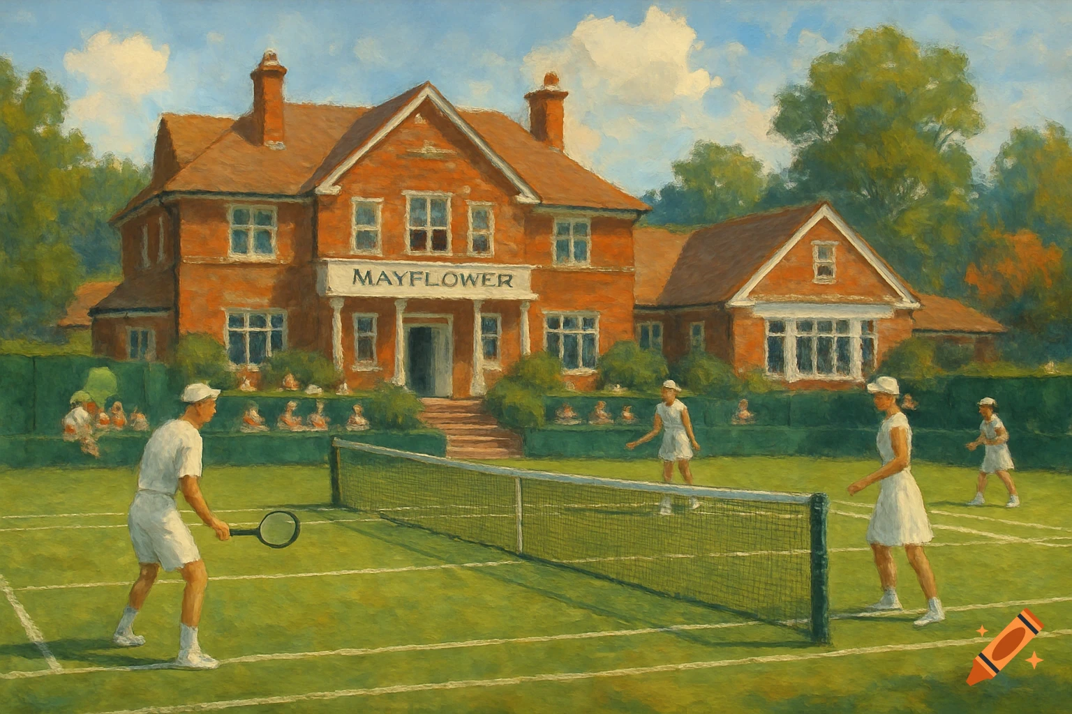 A painterly depiction of a tennis match on a green court in front of a large brick building with 'MAYFLOWER' on it.