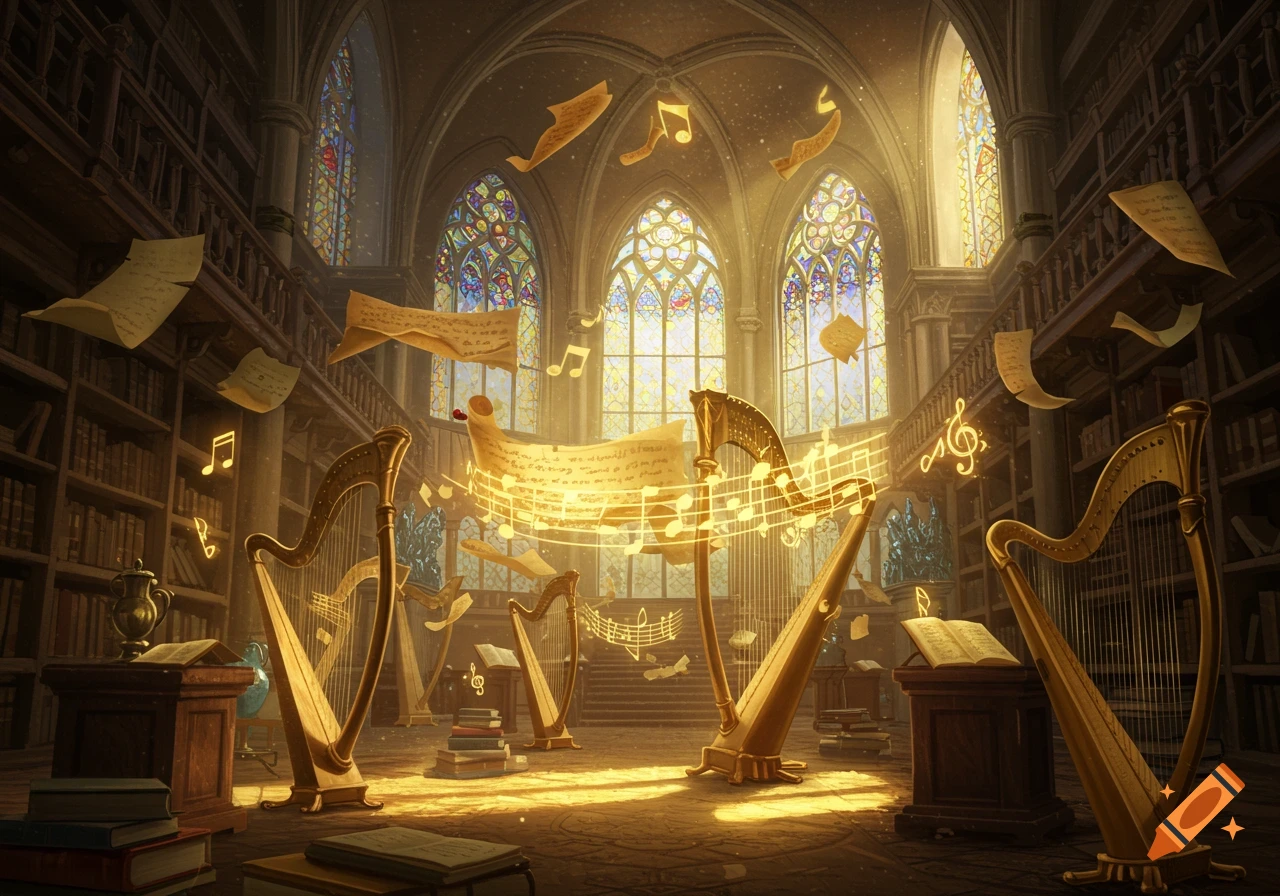 A mystical library with golden harps, floating music notes, and glowing musical scores in a sunlit room with stained glass windows.
