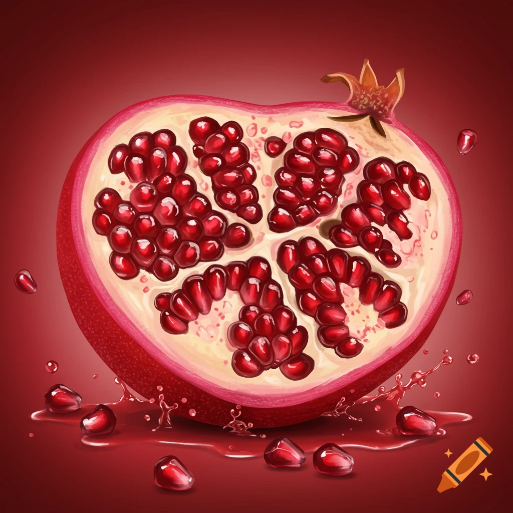 A heart-shaped pomegranate cut in half, with glistening red seeds and juice splashing on a red background.