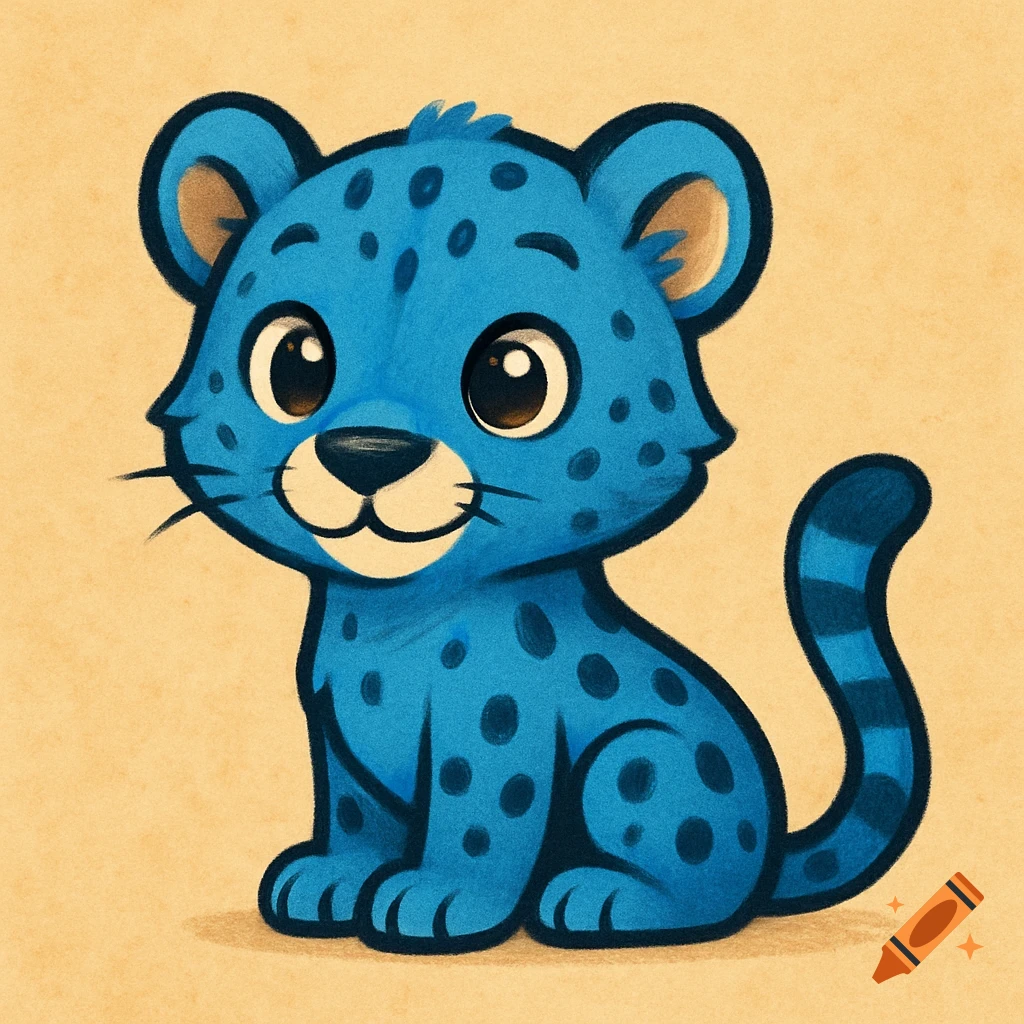 A cute, blue cartoon cheetah with black spots and big eyes sits on a tan background.