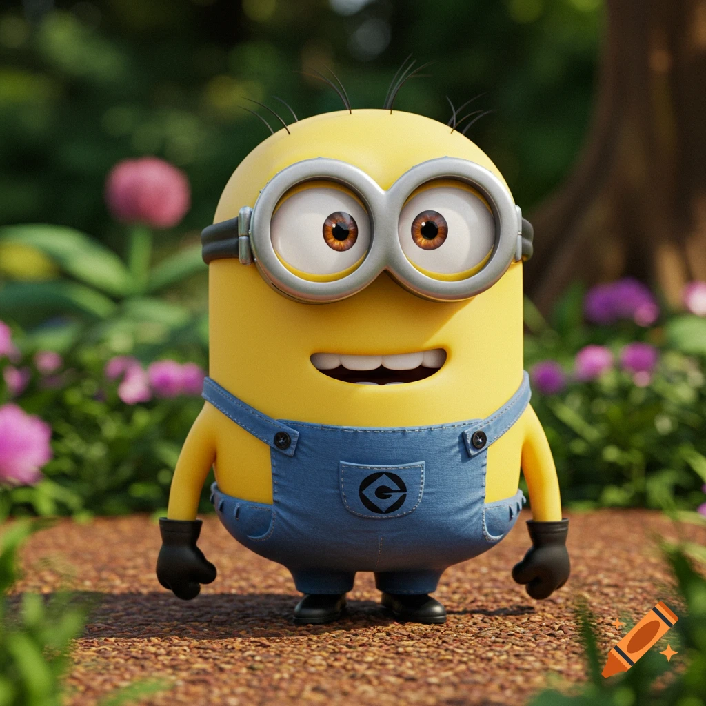 A high-quality 3D render of a yellow Minion character wearing blue overalls and goggles, standing in a vibrant green garden with flowers.