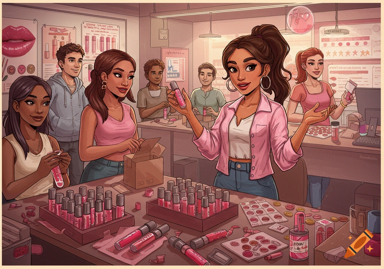An illustration of people working in a lip gloss business, packaging products in a pink-themed workshop.