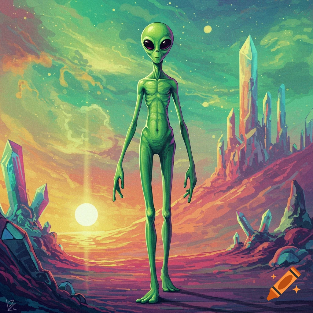 A green alien stands on a vibrant alien planet with crystal formations and a colorful sky at sunset.