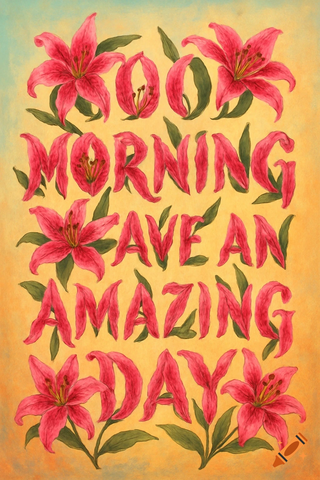 The phrase 'GOOD MORNING HAVE AN AMAZING DAY' spelled out with vibrant pink stargazer lilies on a warm yellow background.