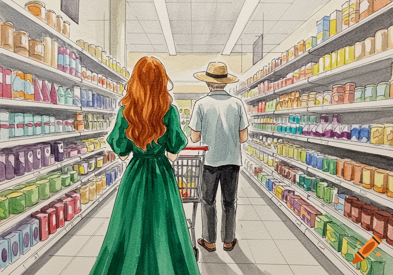 A watercolor drawing of a woman in a green dress and a man with a hat shopping in a brightly lit supermarket aisle.