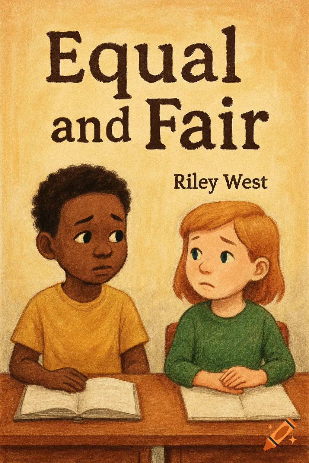 Children's book cover illustration with a Black boy and White girl looking solemn at desks. Title 'Equal and Fair' by Riley West.