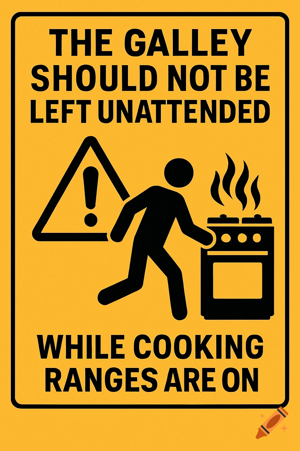 Yellow warning sign with black text and icons about not leaving cooking ranges unattended.