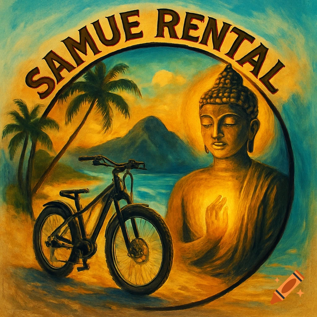A stylized company logo for SAMUE RENTAL featuring a Buddha statue with a glowing chest, an ebike, palm trees, a beach, and mountains in a vibrant, painterly tropical scene.