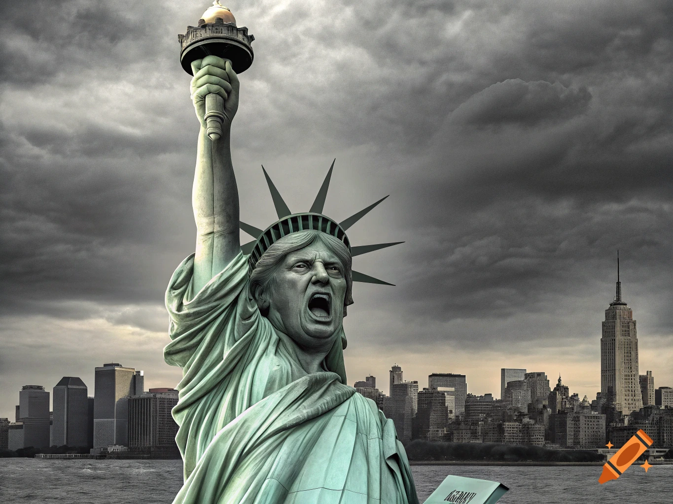 Photorealistic image of the Statue of Liberty with Donald Trump's screaming face, holding a torch against a stormy NYC skyline.