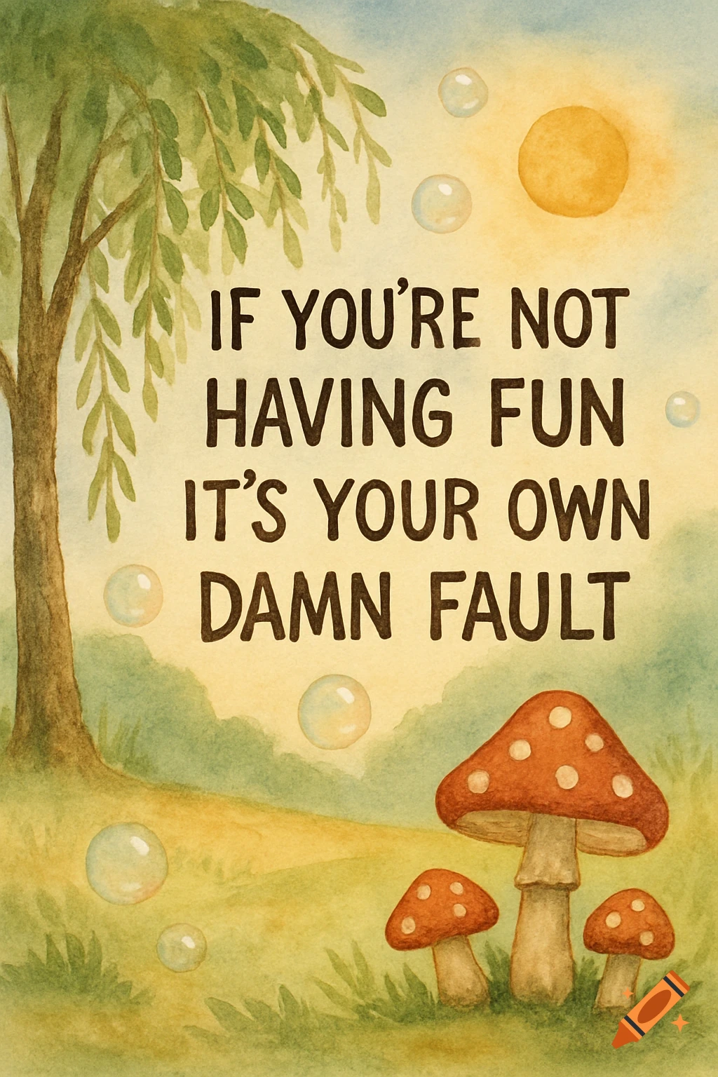 A watercolor illustration with a willow tree, mushrooms, and bubbles, featuring the quote 'If you're not having fun it's your own damn fault' in the center.