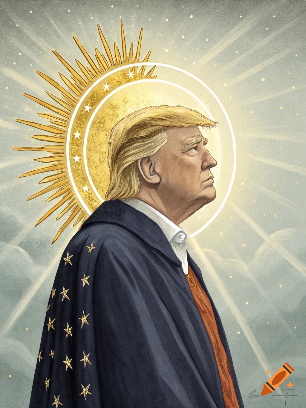 Illustration of Donald Trump in profile, depicted as a saint with a golden halo and a starry blue cape, bathed in light.