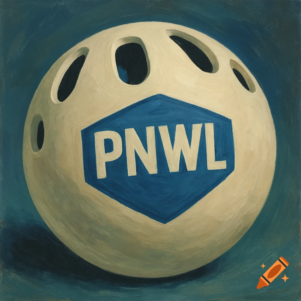 A close-up, painted illustration of a white wiffle ball with a blue hexagonal logo that reads 'PNWL' in white letters.