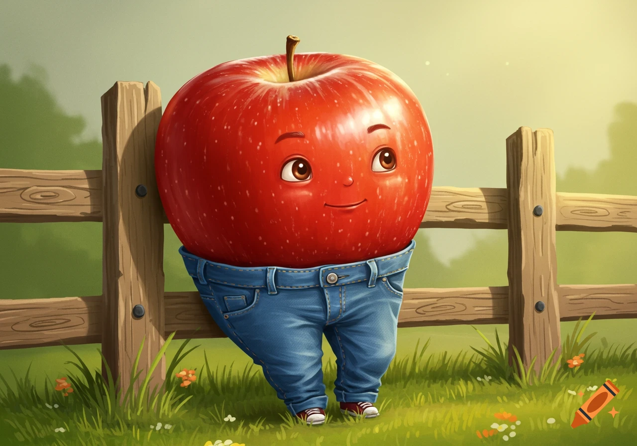 Cartoon red apple wearing jeans and sneakers, standing by a wooden fence in a sunny green field.