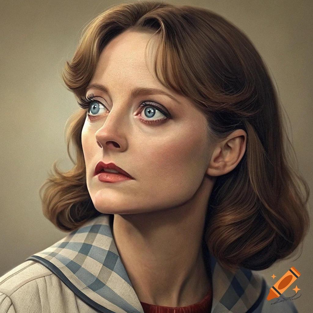 Photorealistic portrait of a woman with brown hair and blue eyes, looking upwards and to the left, wearing a plaid collared top.
