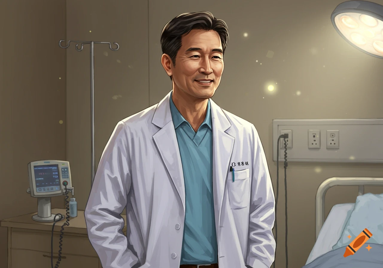 A smiling Asian male doctor in a white lab coat and blue scrubs stands in a hospital room with medical equipment and an operating light.