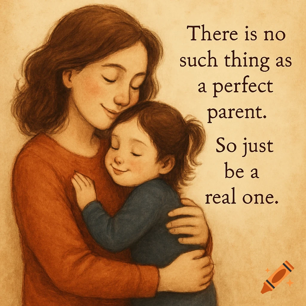 An illustration of a mother hugging her child. Text reads: 'There is no such thing as a perfect parent. So just be a real one.'