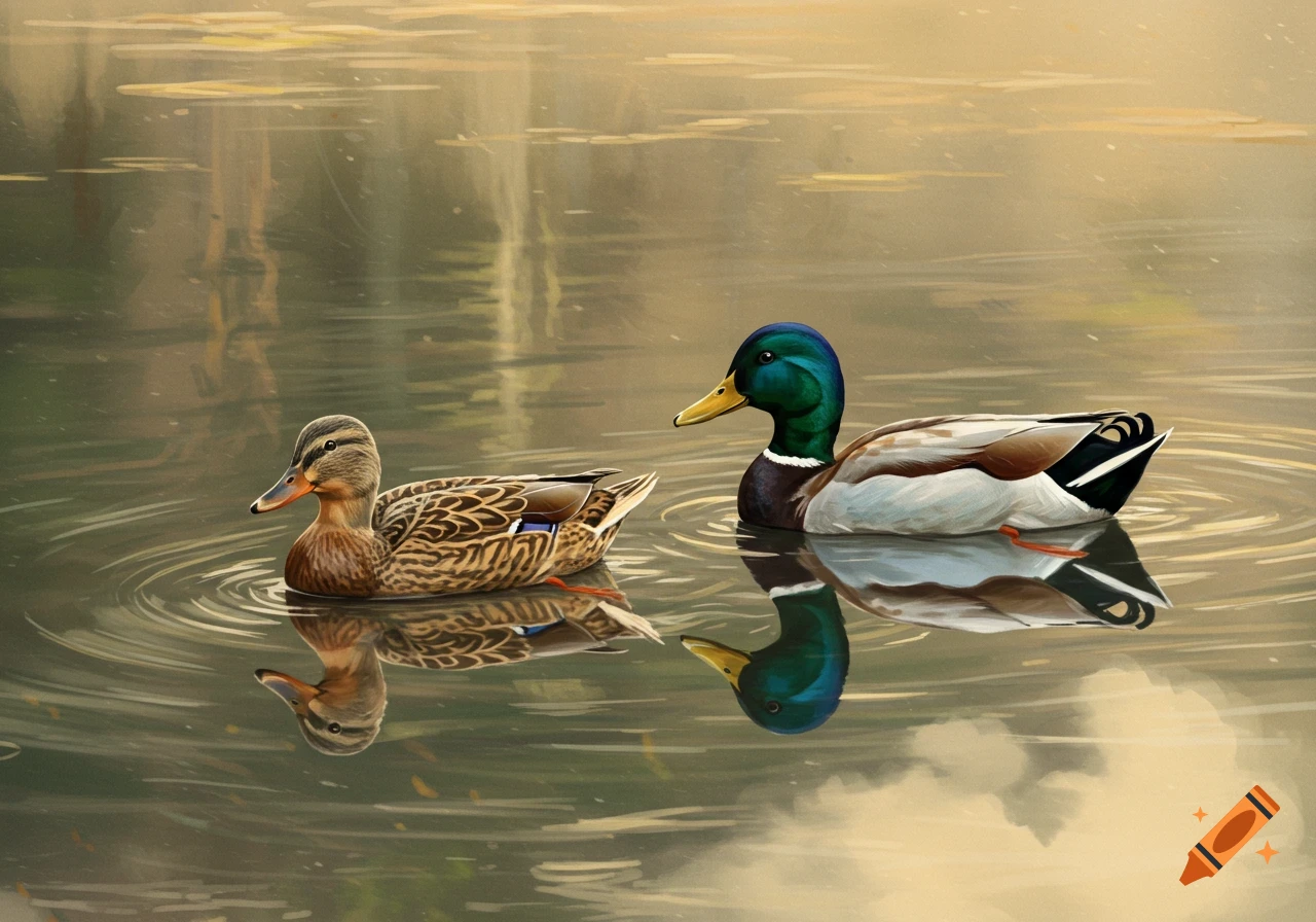 A male and female mallard duck swim peacefully on a calm pond with reflections of the sky and trees.