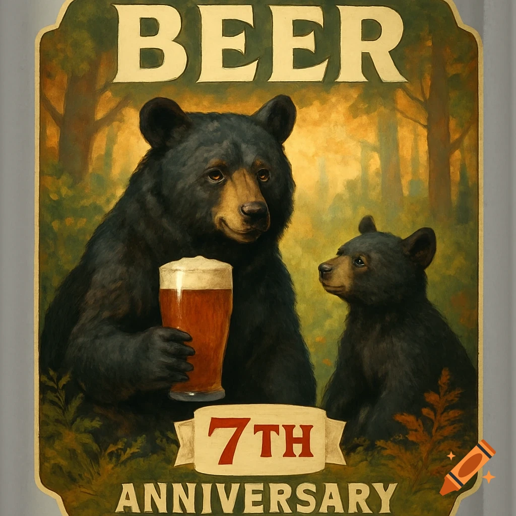 Painting of a large black bear holding a beer, next to a smaller bear, with text 'BEER' and '7TH ANNIVERSARY' in a forest setting.