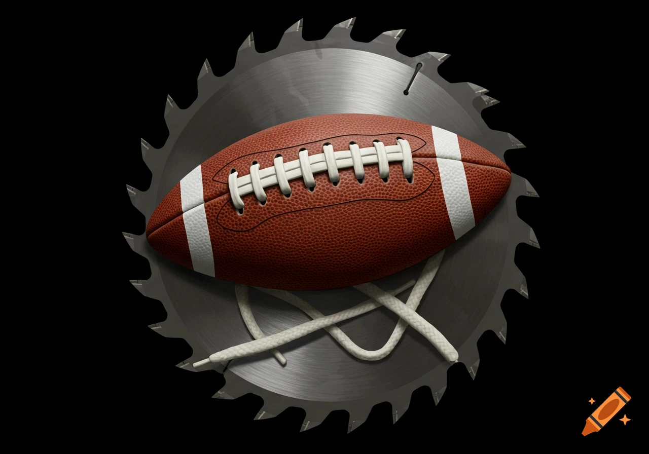 A brown football with white laces rests on a circular saw blade, with shoelaces interwoven around the blade, all on a black background.