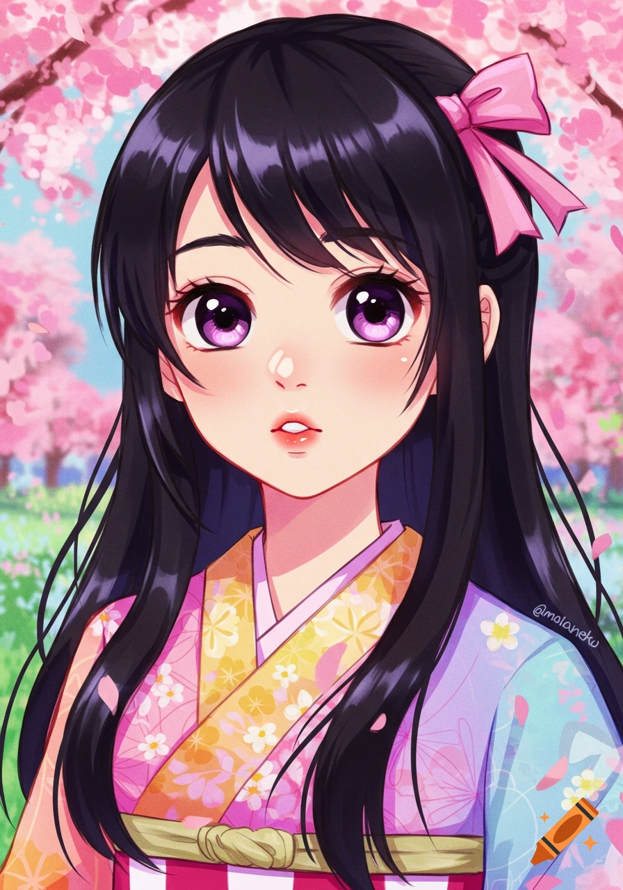 Anime portrait of a girl with black hair, purple eyes, and a pink bow, wearing a colorful kimono under cherry blossoms.