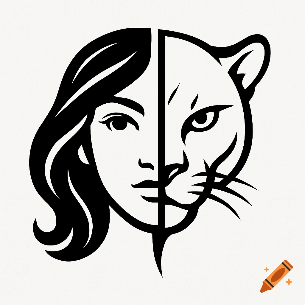 Black and white vector logo of a face split vertically, with the left half being a woman's face and the right half a cougar's face.