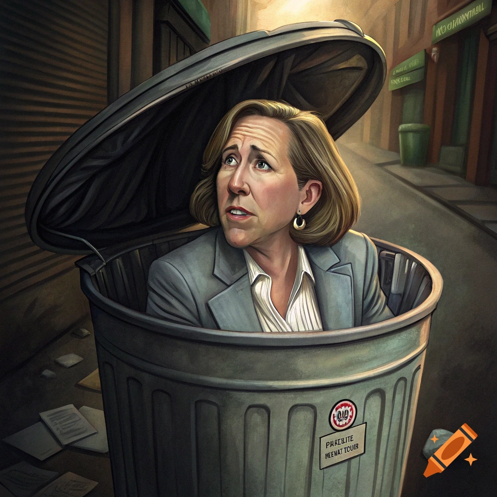 A woman in a business suit emerges from a large metal trash can on a city street at dusk, looking startled. The style is illustrative.