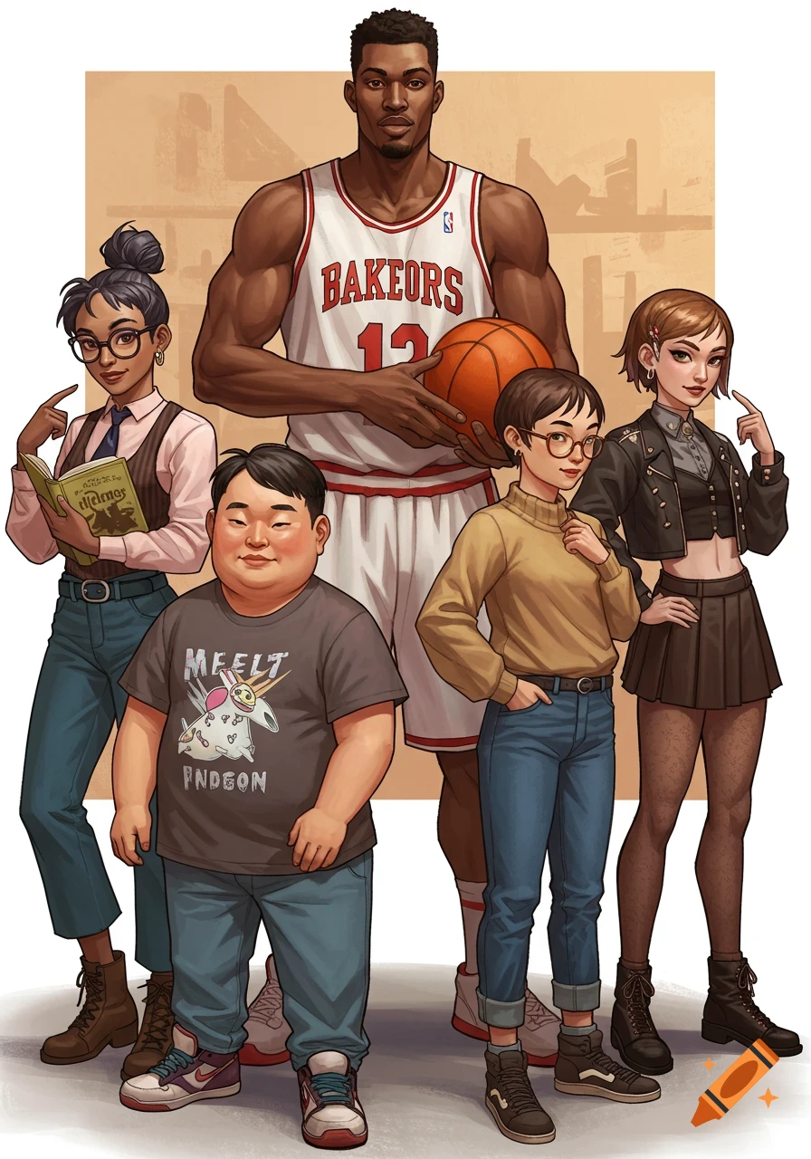 A stylized group portrait of five diverse people and one tall basketball player in a jersey, holding a basketball.