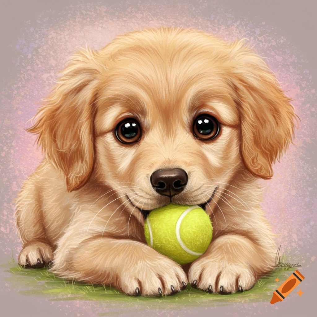 An adorable golden retriever puppy lies down, holding a green tennis ball in its mouth, in a digital illustration style.
