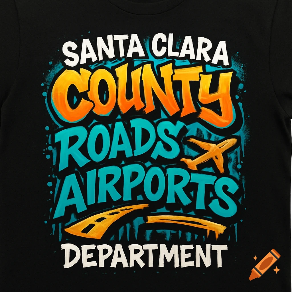 Black t-shirt with a vibrant graffiti-style design reading "SANTA CLARA COUNTY ROADS AIRPORTS DEPARTMENT" including an airplane and road.