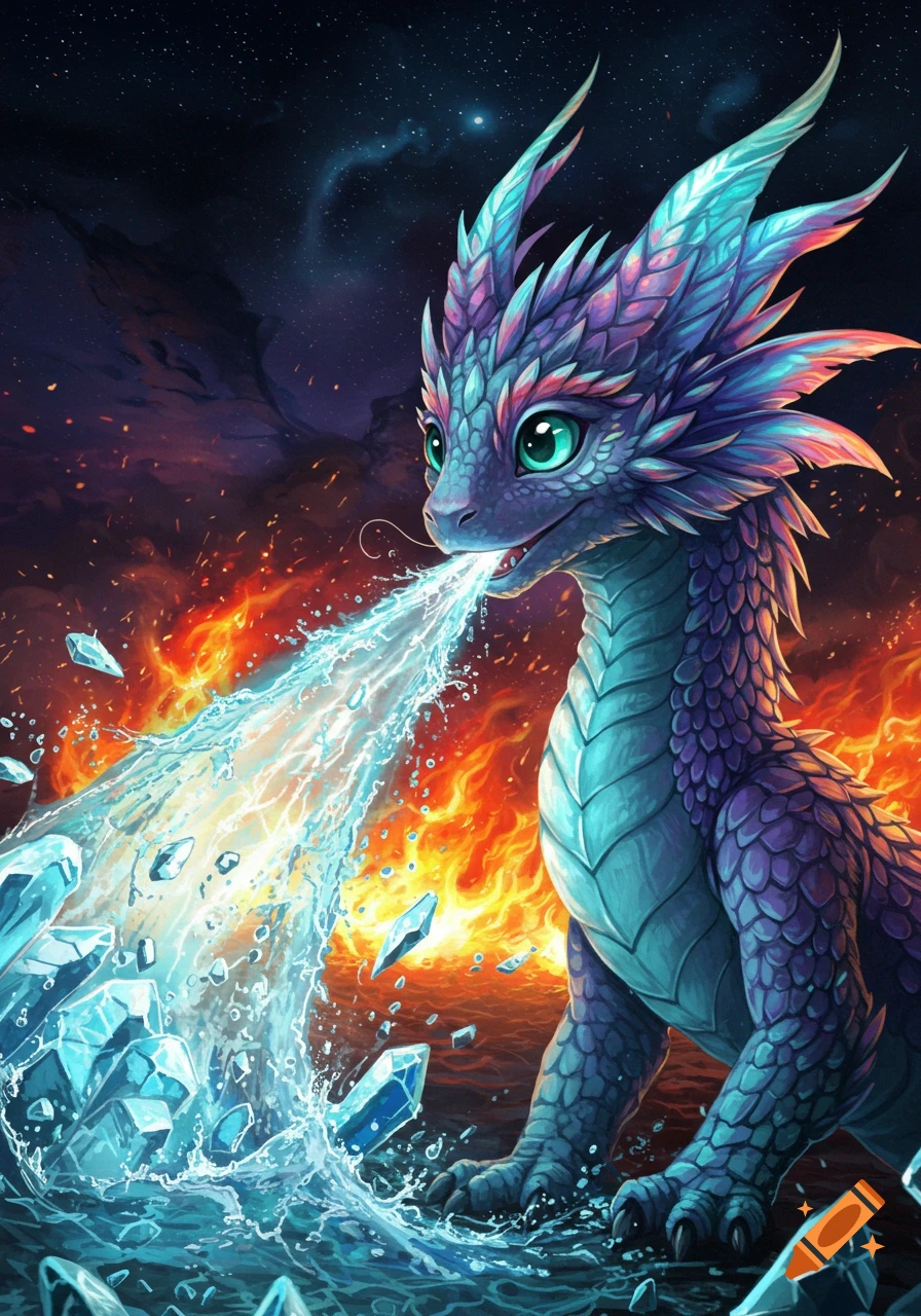 A vibrant, colorful dragon-like creature with large green eyes breathes a stream of ice and water against a fiery background.