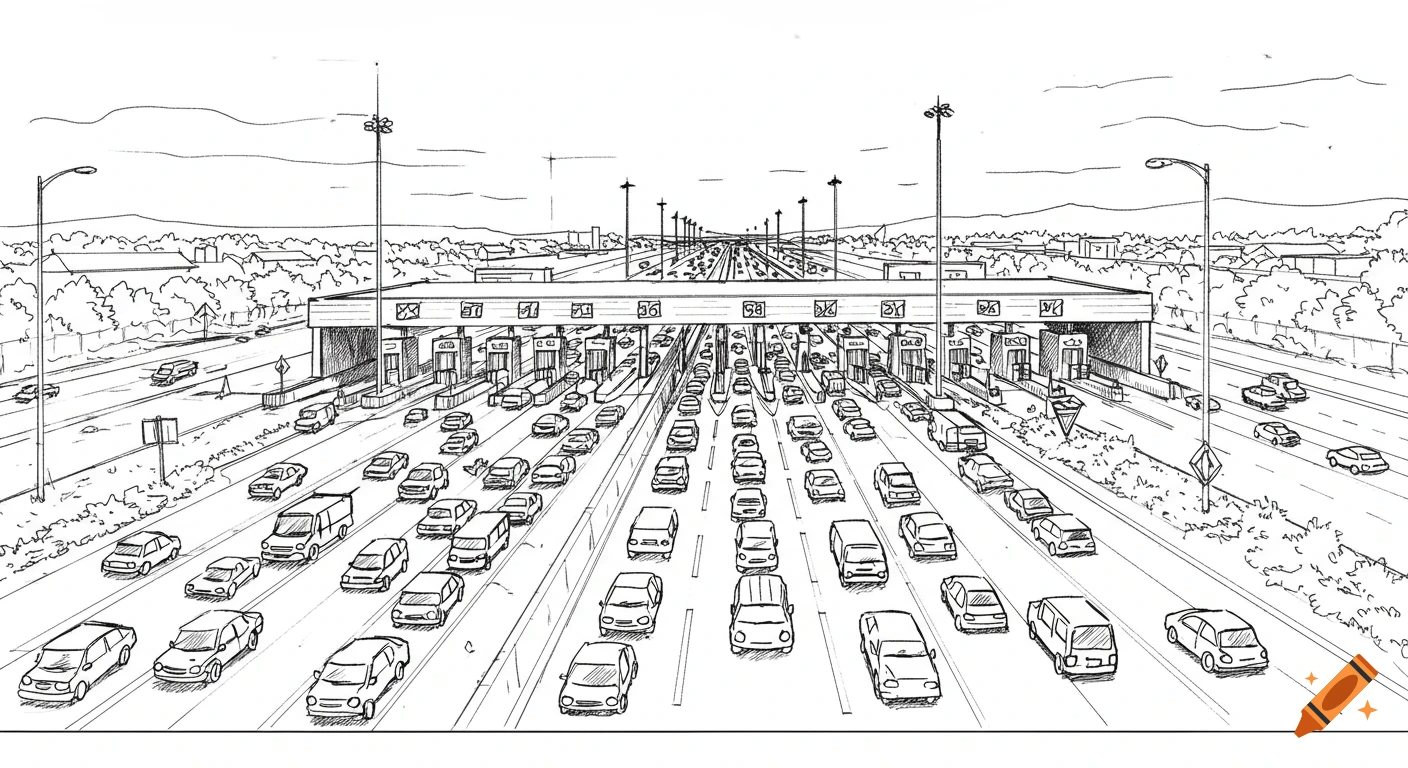 A pen-and-ink sketch showing a busy highway with a long queue of cars at an 8-lane toll plaza, viewed from above.