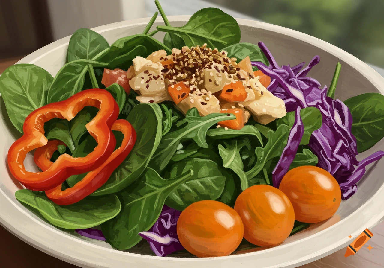 A colorful salad in a white bowl with spinach, red bell pepper, purple cabbage, cherry tomatoes, and a seed topping.
