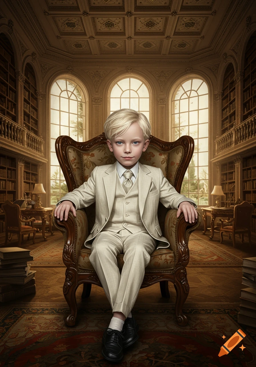 A young boy with blonde hair and blue eyes, dressed in a cream suit, sits formally in an ornate armchair within a grand, opulent library with large windows.